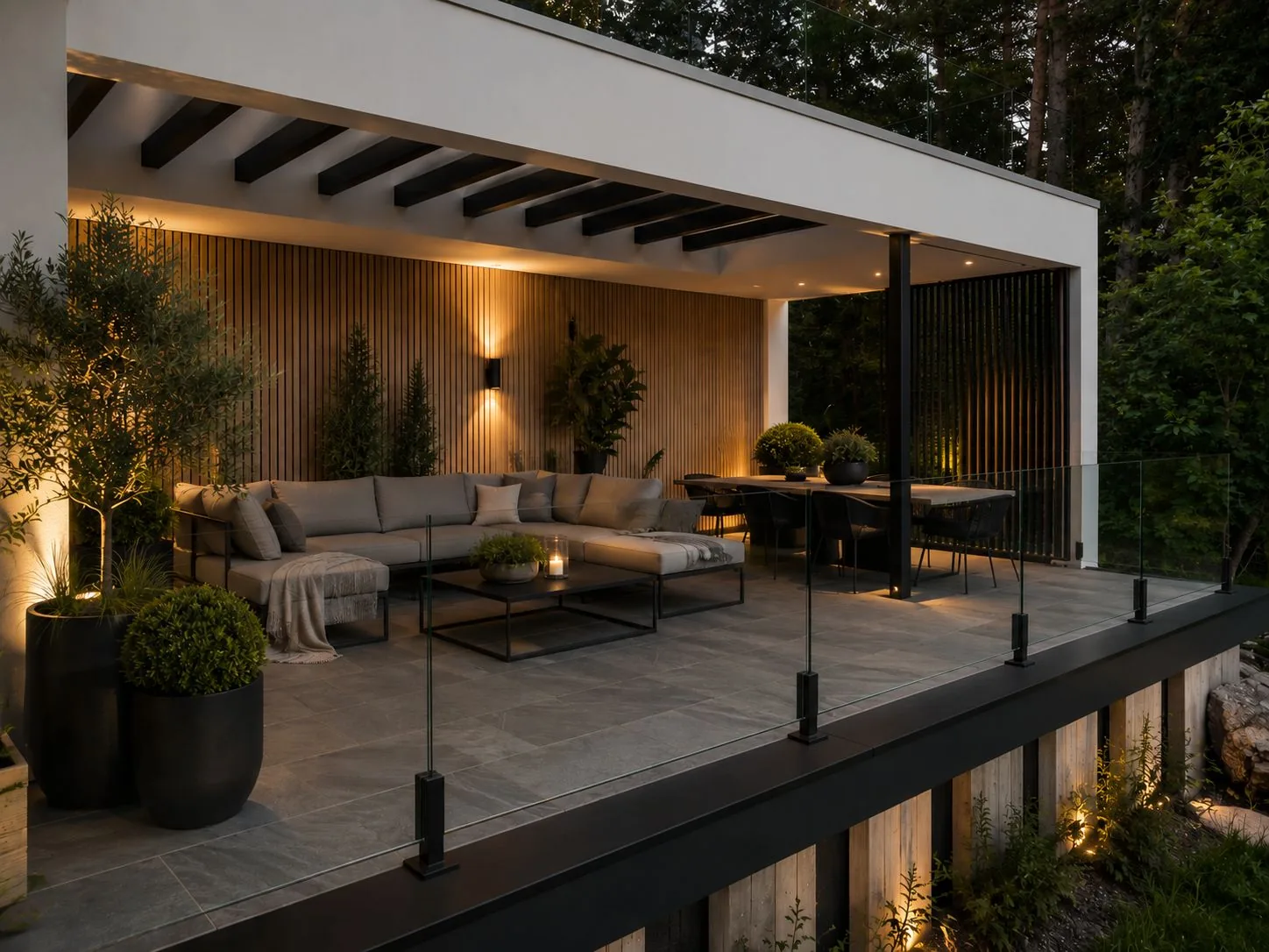 Detalj – overbygd terrasse i kveldslys