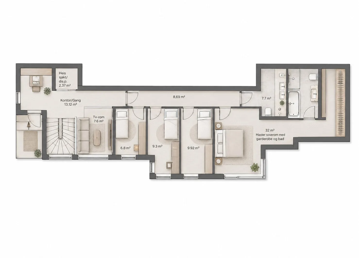 Plantegning 1. etasje – soverom, master med bad og garderobe
